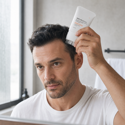 Man applying the scalp ampoule along his hairline at a bathroom mirror
