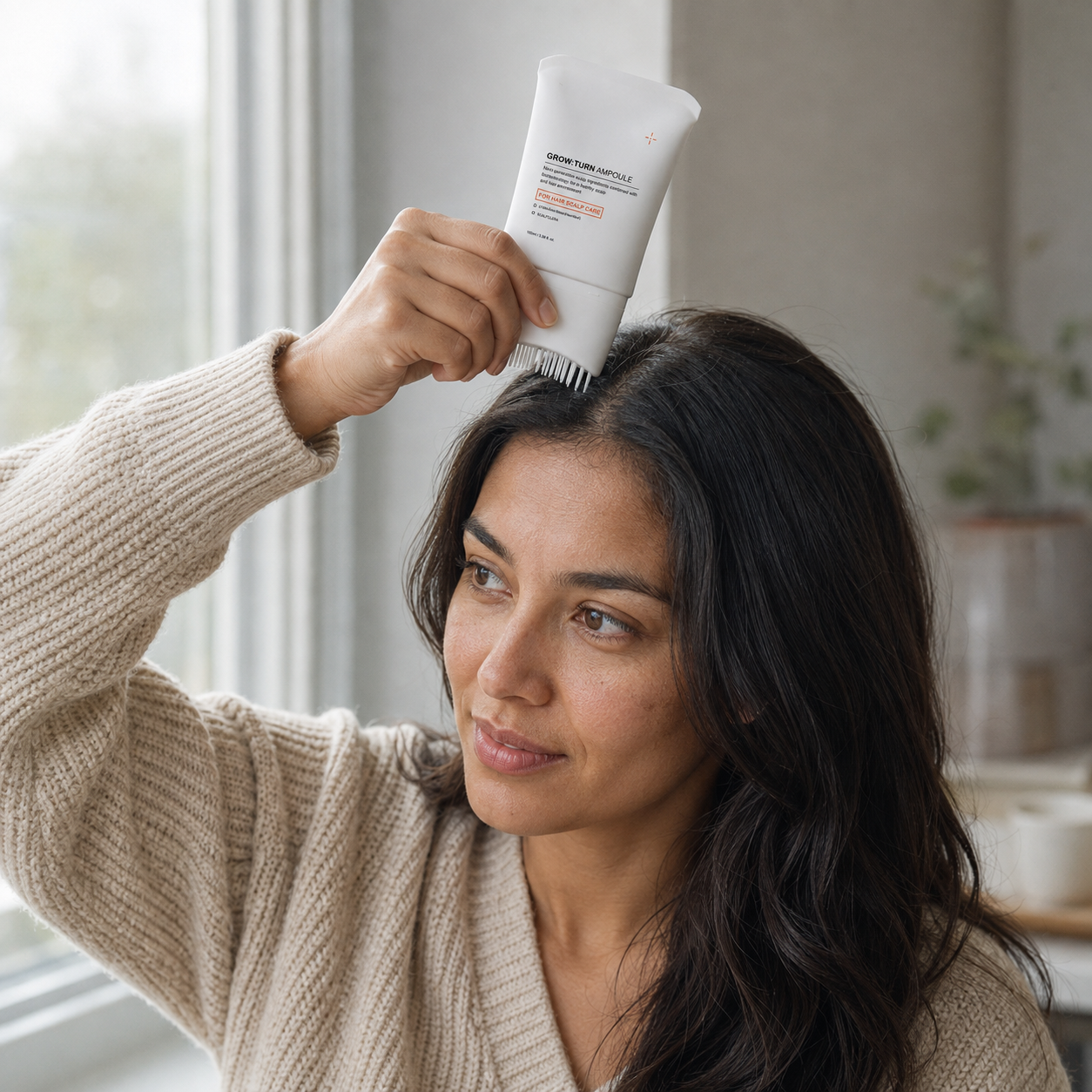 Woman combing the scalp ampoule into her part line by a window