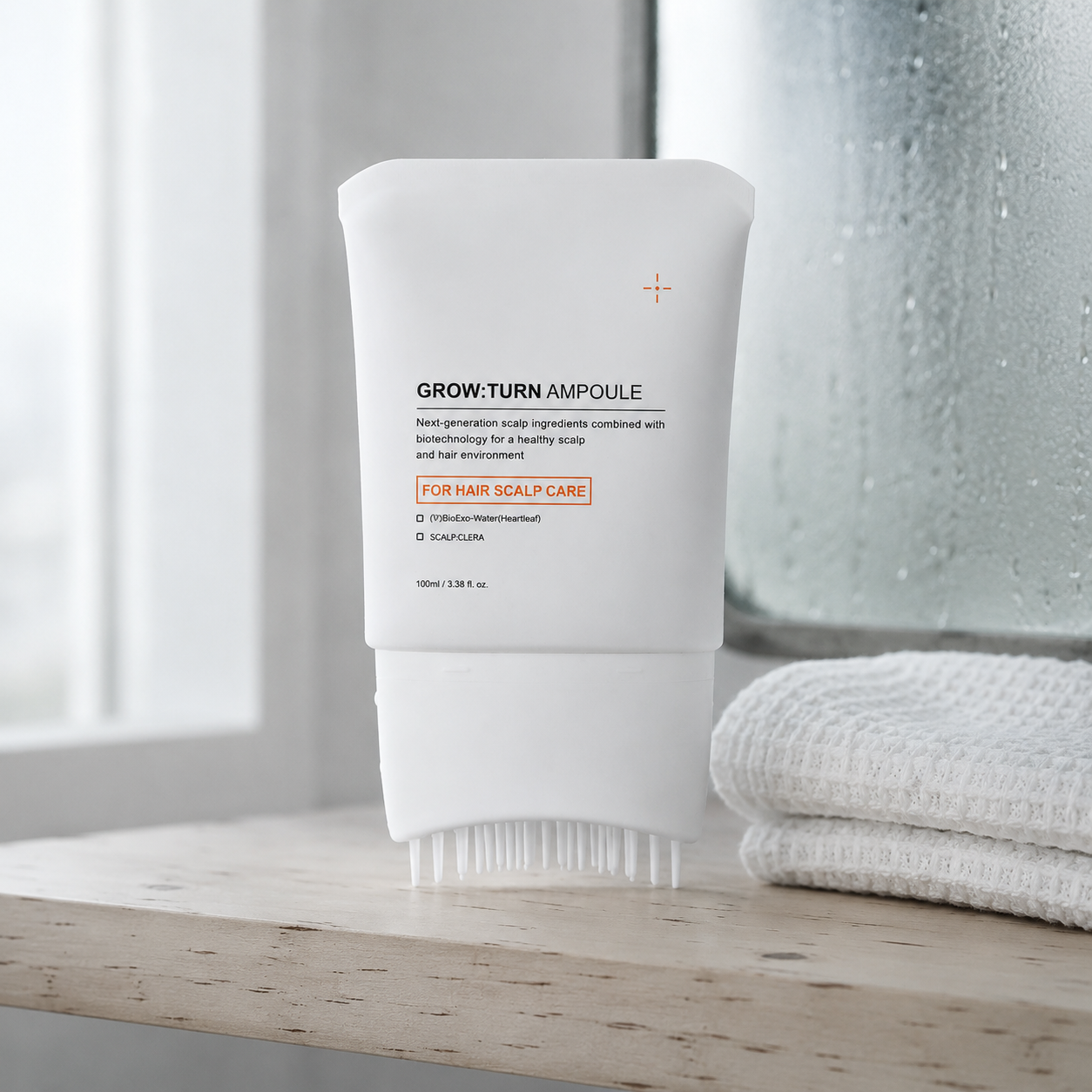 The ampoule on a birch bathroom shelf in soft Nordic morning light