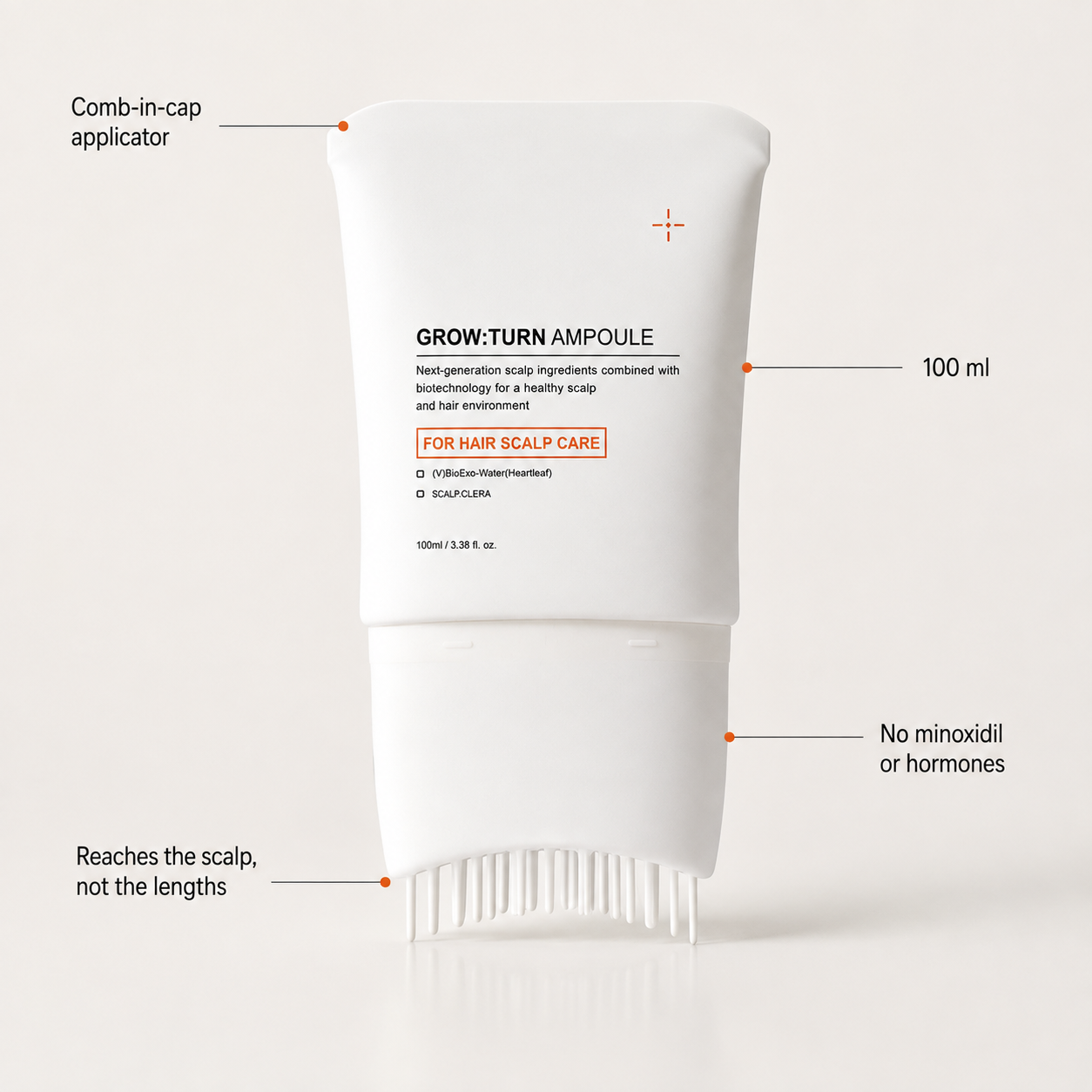GROW:TURN Ampoule with labelled features: comb-in-cap applicator, 100 ml, reaches the scalp not the lengths, no minoxidil or hormones