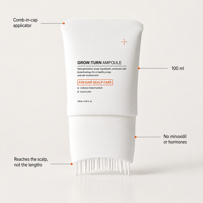 GROW:TURN Ampoule with labelled features: comb-in-cap applicator, 100 ml, reaches the scalp not the lengths, no minoxidil or hormones