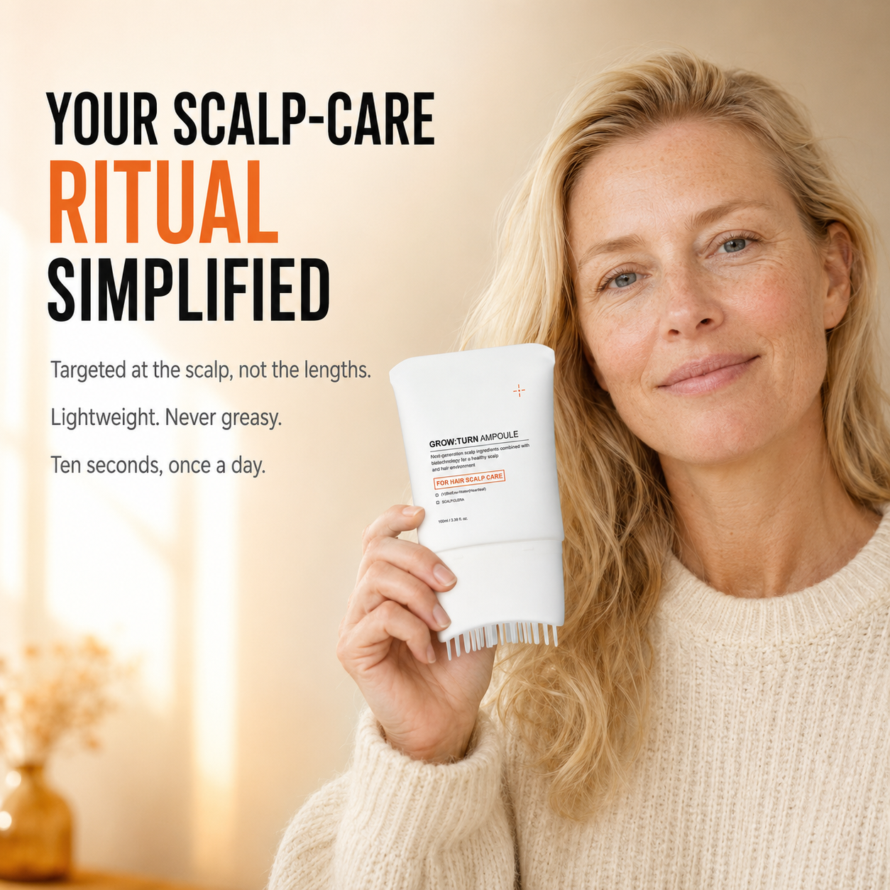 Woman holding the GROW:TURN Ampoule. Targeted at the scalp not the lengths, lightweight, ten seconds once a day