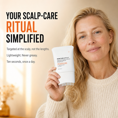 Woman holding the GROW:TURN Ampoule. Targeted at the scalp not the lengths, lightweight, ten seconds once a day